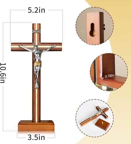 Vista 5 de KUXBET Crucifijo de Pie Cruz con Soporte Desmontable de 10.6 Pulgadas Cruz de Madera Católica de Jesucristo para Colgar en la Pared para Decoración
