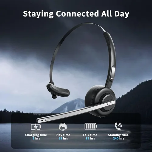 Vista 3 de Auriculares Bluetooth, V5.2 Trucker Wireless Headset con cancelación de ruido micrófono y base de carga para iPhone Samsung teléfono celular