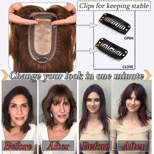Vista 4 de Toppers para el cabello para mujeres con cabello delgado, base de seda real con flequillo, toppers para mujer, con clip en el cabello para mujer