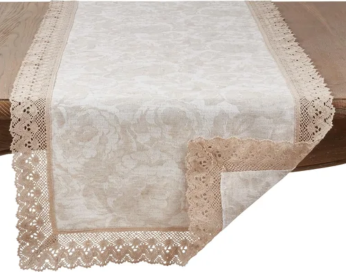 Vista 2 de Saro Lifestyle Camino de mesa jacquard con ribete de encaje, natural, 16 x 120 pulgadas