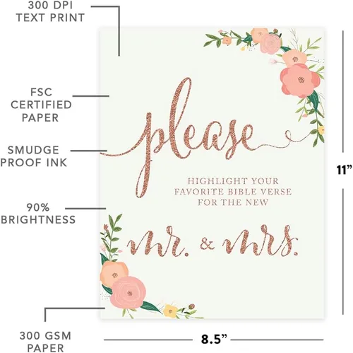 Vista 2 de Andaz Press Letreros de fiesta de boda, purpurina de oro rosa sintético con flores, 8.5 x 11 pulgadas, resalta tu versículo bíblico favorito