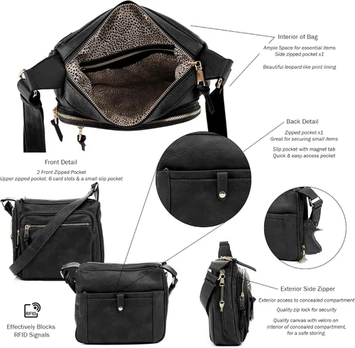 Vista 5 de JESSIE & JAMES Bolso cruzado de bloqueo RFID para portar oculto para mujer con cerradura y llave Negro