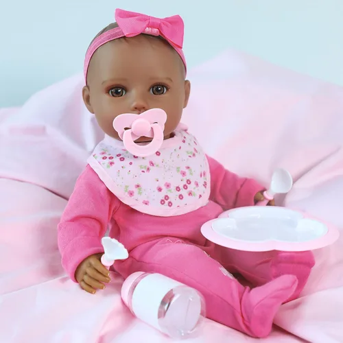 Vista 4 de SCOM Muñecas de bebé niña negra - Muñeca de bebé de cuerpo suave realista de 16 pulgadas, lindas muñecas de bebé de la vida real con ropa