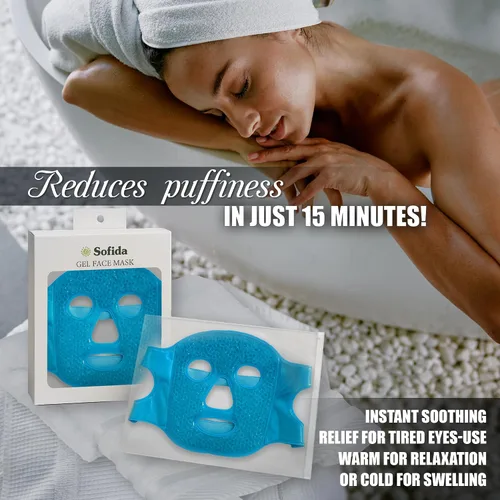 Vista 3 de Máscara facial de gel frío y caliente, reduce las ojeras hinchadas, bolsas debajo de los ojos, migrañas, alivio del estrés, paquete de terapia