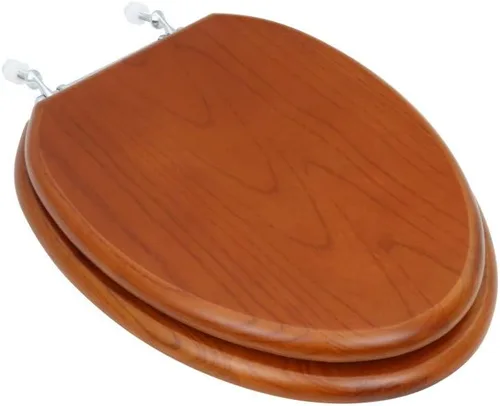 Vista 16 de Renovators Supply Manufacturing Asiento de retrete alargado de madera de caoba ligera con las bisagras de cobre amarillo de PVD y el parachoques