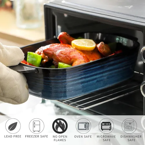 Vista 3 de Plato de cerámica para hornear, cacerola de 8.7 x 15.2 pulgadas con asas, bandeja rectangular profunda para lasaña para asar y hornear, utensilios