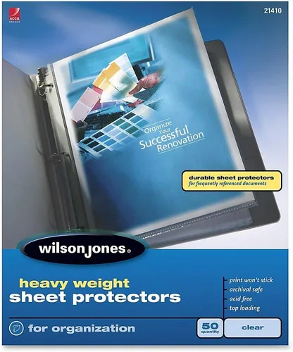 Vista 3 de Wilson Jones Protectores de hojas, peso pesado, carga superior, transparente, 50 hojas/caja (W21410)