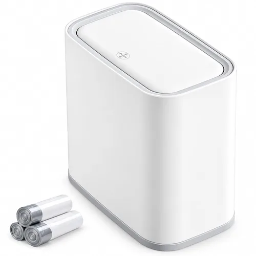 Vista 9 de Basurero pequeño para baño con tapa, 3.2 galones, color blanco Tapa de madera
