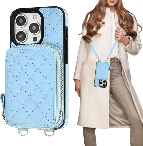 Vista 14 de Bocasal Funda tipo cartera con bandolera para iPhone 15 Pro, cartera de mano de piel sintética con cremallera y bloqueo RFID, funda tipo cartera