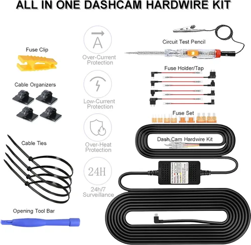 Vista 7 de Dash Cam Hardwire Kit Car Dash Cámara USB Tipo C Cargador Cable Kit 3 Cables Dashcam Parking Mode DC 12-24V to 5V/3A Low Voltage Protection 24h