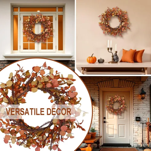 Vista 6 de Corona de otoño de 20 pulgadas para puerta delantera, decoración de otoño con hojas de eucalipto naranja, coronas rústicas de cosecha de Acción