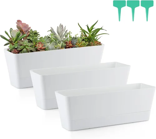 Vista 8 de Skelang Maceta rectangular de 3 piezas, maceta de flores de 12 pulgadas, contenedor para alféizar de ventana para suculentas, hierbas, verduras Negro