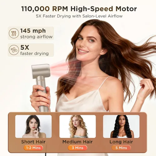 Vista 4 de O.H.B Estilizador de cabello de aire caliente 5 en 1, cepillo secador de pelo de alta velocidad de 110,000 RPM, envoltura de aire iónico con secado