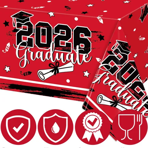 Vista 6 de Decoraciones de fiesta de graduación para clase de 2026, manteles de graduación rojos y negros, 3 manteles de plástico desechables para suministros