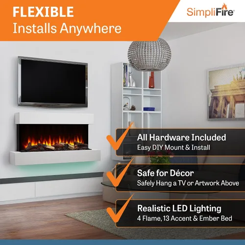 Vista 3 de SimpliFire Format Chimenea eléctrica de montaje en pared de 36 pulgadas con repisa flotante de 43 pulgadas (SF-FORMAT36-SF-FM43-WH)