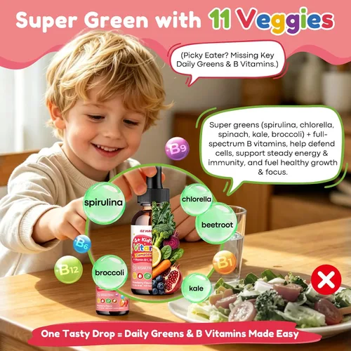 Vista 3 de Vitamin B Complex for Kids with B1, B6, B9, B12 & Magnesium, Super Greens, Kids B Complex Supplement for Brain Support, Energy & Focus, Digestive