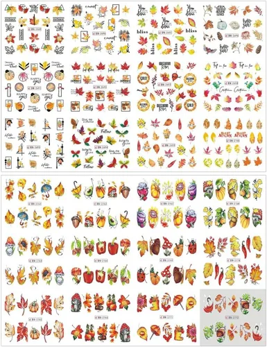 Vista 2 de 500 patrones de calcomanías de uñas de otoño para mujer, calcomanías de agua de dibujos animados, calabaza, hongo, hoja de arce, calcomanías