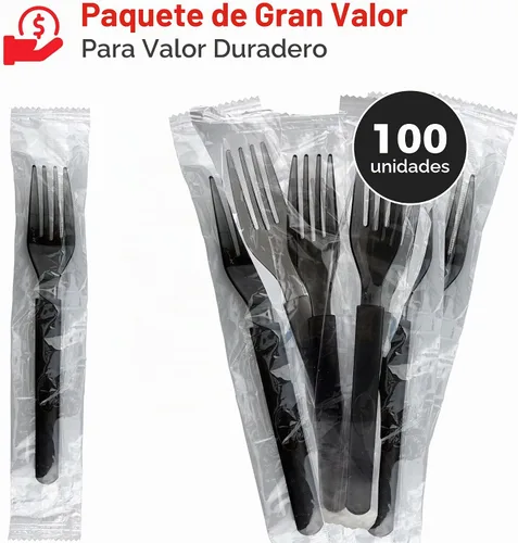Vista 2 de 3 tenedores de plástico resistentes envueltos individualmente, paquete
