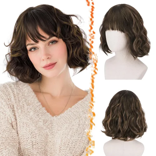 Vista 29 de BARSDAR Peluca corta ondulada con reflejos castaño, peluca corta ondulada con flequillo para mujer, gruesa, suave, sintética, texturizada, rizada