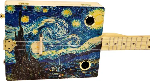 Vista 2 de Noche estrellada" de 3 cuerdas ilustrada Cigar Box Guitar - Serie de Bellas Artes