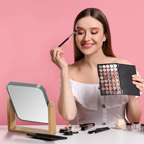 Vista 3 de YEAKE Espejo de maquillaje de doble cara con aumento 3X con soporte de bambú, pequeño espejo de mesa de escritorio con rotación de 360°, espejo