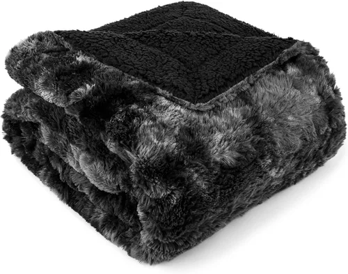 Vista 5 de PAVILIA - Manta de piel sintética reversible con diseño tie-dye color negro, suave, mullida y cálida, mantas y cobijas de sherpa para cama, manta
