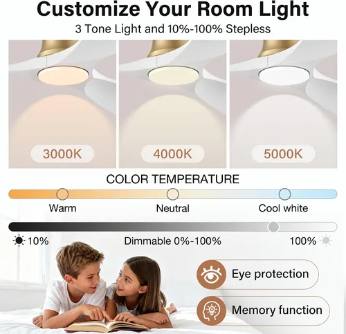 Vista 7 de Ventiladores de techo de madera de 52 pulgadas con control remoto de luces, regulable, reversible, moderno ventilador de techo de madera blanca