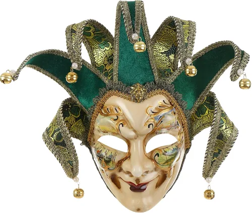 Vista 9 de Máscara de bufón veneciano para mascarada, máscara de música Mardi Gras para pared, colección de arte decorativo Dorado