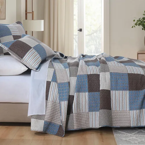 Vista 3 de Y-PLWOMEN Colchas 100% algodón tamaño Queen Farmhouse Plaid 3 piezas ropa de cama Azul y marrón