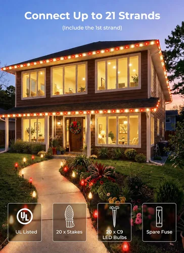 Vista 4 de Luces de cadena LED C9 de Navidad para exteriores, 26 pies, 20 luces LED de sendero de Navidad con 20 estacas de plástico, conectables e Rojo