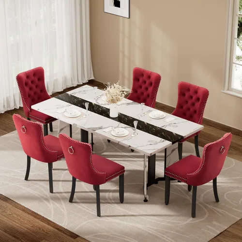 Vista 35 de Juego de mesa de comedor de 5 piezas con 4 sillas, mesa de comedor rectangular de madera de 71 pulgadas con sillas de comedor de terciopelo, tablero