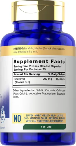 Vista 2 de Carlyle Vitamina B2 200 mg 150 unidades Riboflavina Suplemento esencial sin OMG y sin gluten