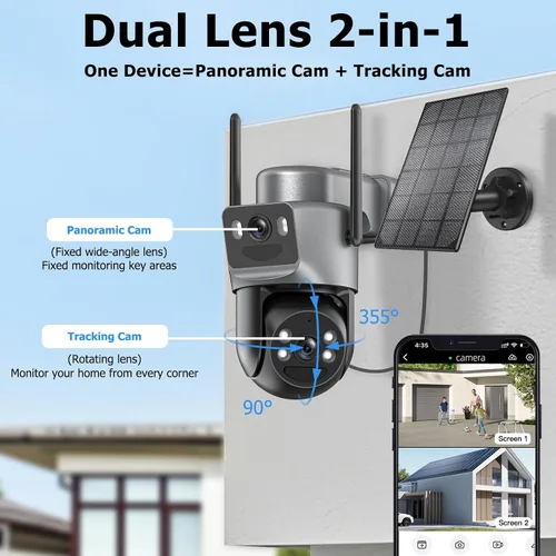 Vista 4 de Cámaras de seguridad solar de doble lente inalámbricas para exteriores, WiFi 6 5G/2.4G, vista de 360° panorámica/inclinación, cámara de seguridad