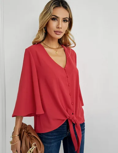 Vista 5 de Luvamia - Blusa informal de manga 34 con nudo y cuello en V para mujer, blusas unicolor con botones