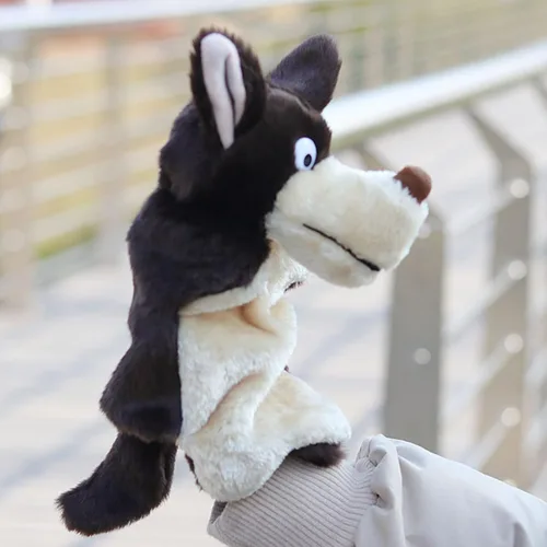 Vista 5 de Marionetas de mano de lobo, juguetes de animales de peluche para imaginativo juego de simulación, cuentos regalos para niños, marrón