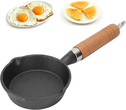 Vista 5 de Fdit Sartén, sartén de hierro fundido de 3.9 in con mango de madera, sartén para huevos, mini sartén para panqueques de fondo plano, utensilios