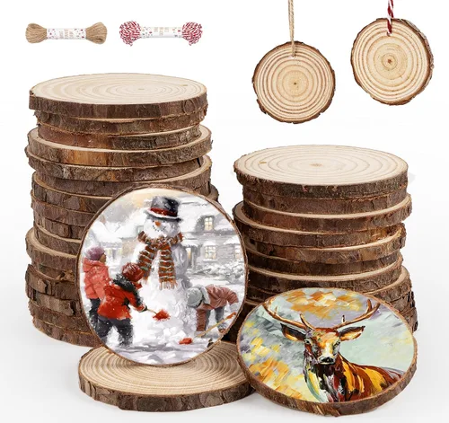 Vista 4 de ilauke - 30 piezas de láminas de madera natural de 2.7"-3.1" con agujero pretaladrado, madera sin terminar con corteza, círculos de madera