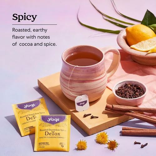 Vista 4 de Yogi Destox de especias de diente de león tostado con té, 16 bolsas por paquete (4 paquetes), té orgánico DeTox, incluye raíz de diente de león