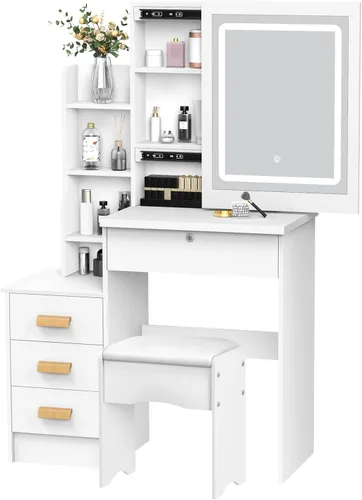 Vista 7 de Escritorio de tocador con espejo iluminado LED, mesa de tocador de maquillaje con 4 cajones para dormitorio, baño, tocador con luces, tocador