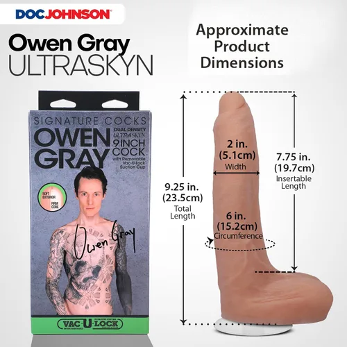 Vista 5 de Doc Johnson Signature Series Owen Gray - Consolador realista ULTRASKYN de 9 pulgadas con ventosa extraíble Vac-U-Lock, compatible con máquina F
