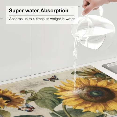 Vista 6 de Tapete de secado de platos de girasol y mariposa para encimera de cocina, protector y decoración súper absorbente de doble cara de microfibra