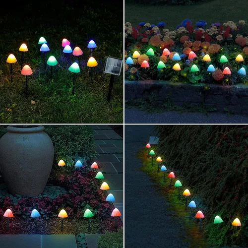 Vista 6 de Juego de 12 luces solares de jardín de hongos, 2 modos de 14.5 pies, funciona con energía solar, luces nocturnas de hongos, impermeables