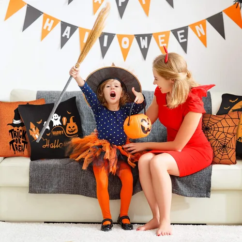 Vista 4 de Whaline 4 fundas de almohada de Halloween, funda de almohada naranja y negra, funda de cojín de lino para sofá cama (18 x 18 pulgadas)
