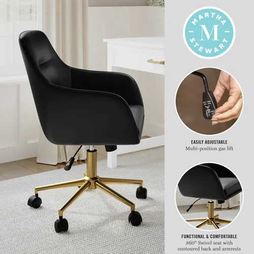 Vista 4 de Martha Stewart Rayna Silla de Trabajo Giratoria con Brazos Acampanados para Oficina en Casa en Cuero Sintético Negro con Marco de Latón Pulido