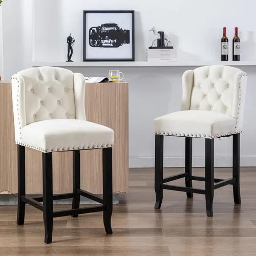 Vista 9 de Juego de 2 taburetes de bar clásicos de lino de 30 pulgadas, sillas de bar altas con respaldo copetudo con botones con patas de madera maciza Beige