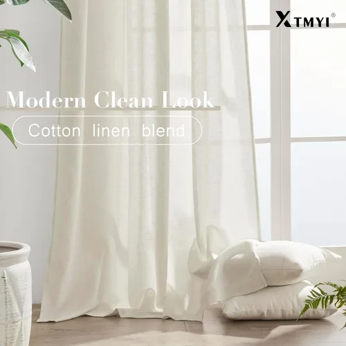 Vista 3 de XTMYI - Cortinas transparentes de 54 pulgadas de largo, juego de 2 paneles para baño, cortinas cortas de lino y algodón con semi privacidad