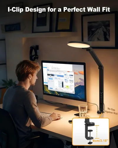 Vista 4 de Lámpara de escritorio LED de 10 W con abrazadera y brazo ajustable para oficina en casa, control táctil, luz de cuidado ocular para lectura con 5