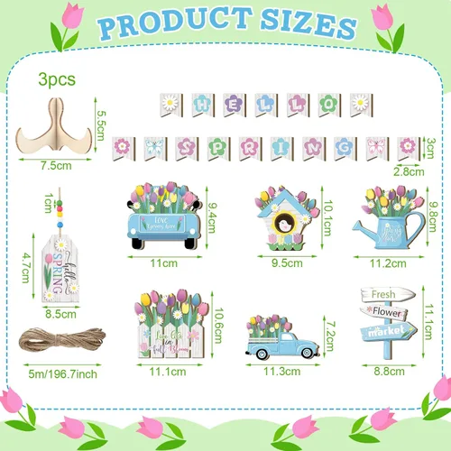 Vista 3 de Bucherry Hello Spring - Bandeja escalonada para decoración de tulipanes, letrero de madera, decoración de mercado de flores, decoración rústica