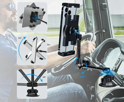 Vista 4 de Soporte para tablet de coche/camión para parabrisas de salpicadero, soporte de iPad de succión resistente con brazo de metal para tabletas