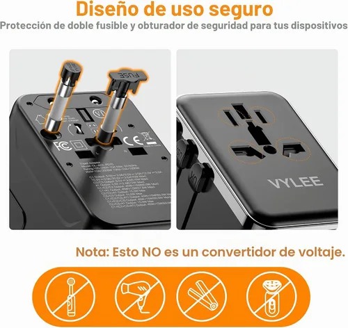 Vista 6 de Adaptador de Viaje Universal, VYLEE Adaptador de Enchufe Internacional de 70W con Carga Rápida PD, 5 Puertos (1 AC/1 USB-A/3 USB-C), Cargador